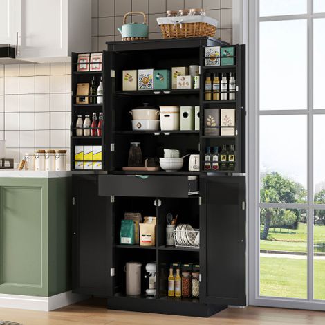 Meuble de cuisine, meuble haut multifonctionnel, équipé de deux portes vitrées, de nombreux compartiments de rangement et d'un tiroir intégré, dimensions : 182 × 40 × 75 cm, noir (1/4)