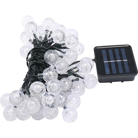 Guirlande solaire LED 30 boules (6,50m)-fil vert foncé, pile noire et charge solaire, boule transparente, blanc chaud-noir (1/3)