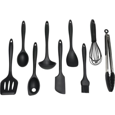 Juego de utensilios de cocina de 9 piezas, silicona resistente al calor (232 °C), acero inoxidable, protectores antiadherentes para sartenes, color negro. (1/5)