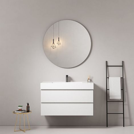 Mobile bagno sospeso 100 cm Bianco Lavabo in Resina Specchio Tondo - Fiji Wood
