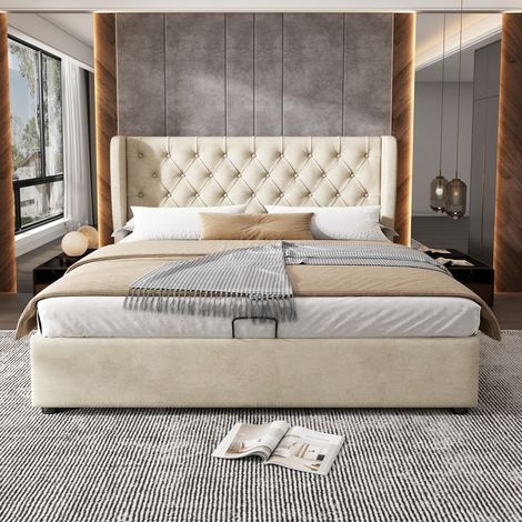 Lit double-Hydraulique-Velours-avec tête de lit oreiller, rangement intégré et sommier à lattes inclus 207x166x99cm-Sans Matelas (1/5)