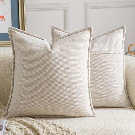Lot de 2 Housses de coussin, Chenille, Bordure décorative, Doux, Salon, Chambre à coucher, Beige, 45x45 cm