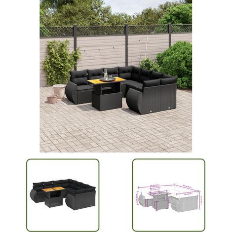 The Living Store 9-tlg. Garten-Sofagarnitur mit Kissen Schwarz Poly Rattan - Gartenmöbel Set - PE-Rattan Möbel - Outdoor Lounge - Gartenlounge - Terrassenmöbel (1/3)