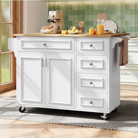 Isola da cucina 110x45x92 cm / 110x75x92 cm bianca in MDF con piano ribaltabile e cassetti (1/5)