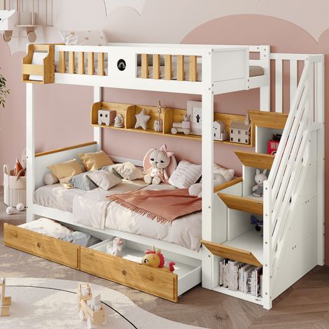 Lit superposé enfant 90x200 cm blanc naturel, structure pin et MDF, escalier avec 4 tiroirs de rangement, barrière de sécurité, 2 tiroirs supplémentaires, étagère ouverte, espace de stockage spacieux