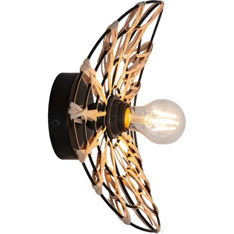 Applique murale ou plafond Flora métal noir rotin naturel compatible LED (1/2)