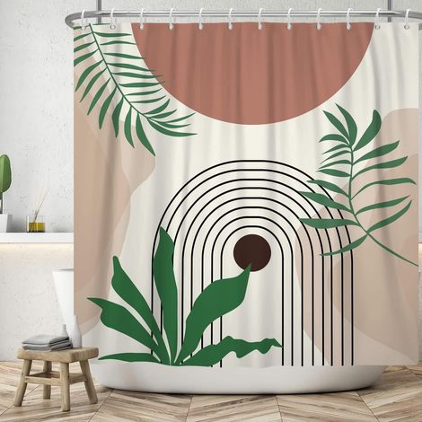 183x213cm Rideau de Douche Abstrait Vert Plante Tropicale Feuilles de Palmier Arc-en-Ciel Soleil pour Salle de Bain Baignoire étanche (1/5)