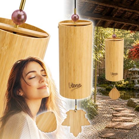 Carillon a vento V-TONE ZEN VALLEY, suono decorativo, tonalità D, legno di bambù, perline giallo-rosa, 2 pendenti, foglia, conchiglia, 40,5 cm (1/5)