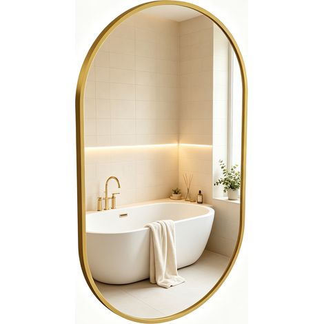 Specchio da parete ovale – vetro temperato – cornice in alluminio – 75×50 cm – oro (1/5)