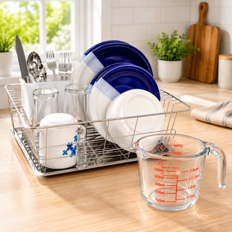 Set compatto per asciugare i piatti in cucina (2 pezzi) - Scolapiatti cromato con cestello portaposate e caraffa in vetro (1/5)