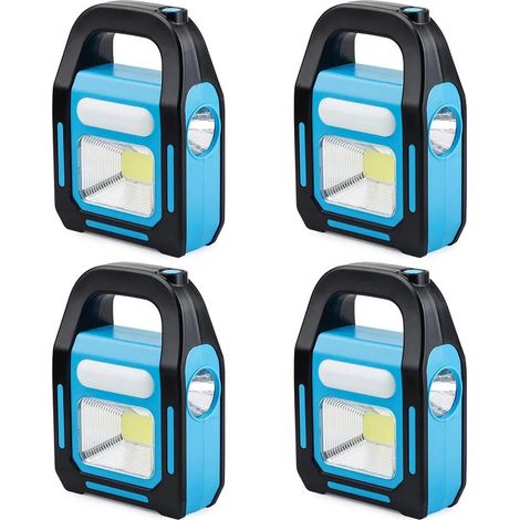 Un set composto da 4 luci solari da campeggio, una torcia a LED COB ricaricabile tramite USB e una luce di emergenza impermeabile.