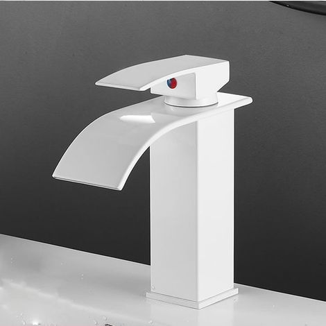 Robinet de salle de bain blanc à bec plat et court avec tuyau d'arrivée de 60 cm Robinet d'eau chaude et froide à bec large de style européen pour lavabo/évier (1/4)