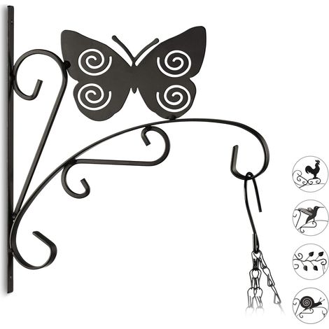Wandhaken für Schmetterlingsblumen, hängender Metallblumentopf, Gartendekoration, HxBxT 30 x 27,5 x 2 cm, schwarz