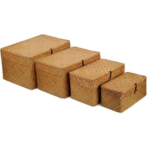 Cesti portaoggetti in vimini con coperchio per bagno, soggiorno e camera da letto (set da 4) - Realizzati con materiali naturali, in erba marina intrecciata a mano (1/4)