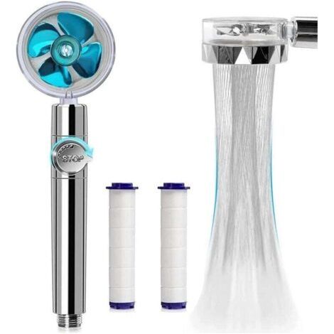 Douche à sauvegarde à l'eau à haute pression, 360 degrés en rotation de la pomme de douche à main conduite en rotation avec filtre, pomme de douche turbo avec ventilateur et interrupteur (bleu) (1/5)