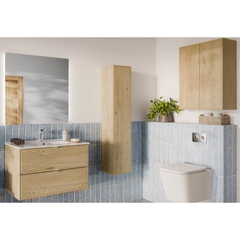 Ensemble Complet Meuble Vasque 80 cm + Vasque + Miroir LED + Colonne + 2 meubles hauts - Caldera Clair - Livraison gratuite