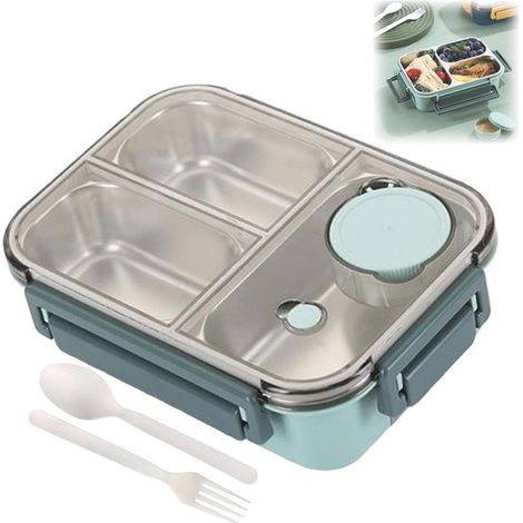 Lunchbox Tragbare Lunchbox aus Edelstahl mit Besteck und unterteilten Fächern (drei grüne Fächer) (1/5)