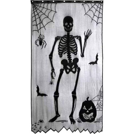 Rideau de crâne d'Halloween - Rideau chauve-souris en dentelle noire avec toile d'araignée, 105 x 213 cm (1/5)