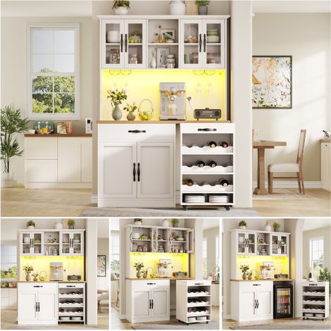 Buffet haut cuisine 140x38x180cm blanc plateau bois module mobile roulettes casier vin 9 bouteilles porte-verres LED réglable charnières amorties anti-bascule charge 60kg salle à manger salon (1/5)