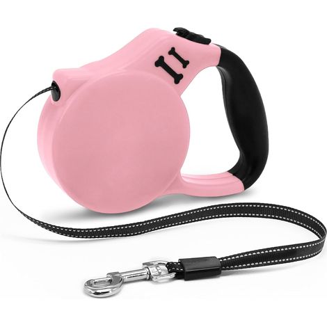 Robuste, 5 m lange Rollleine für kleine Hunde, reflektierendes Nylonband, Sofortbremse und -verriegelung, ergonomischer, rutschfester Griff – bis 15 kg Tragkraft, Pink