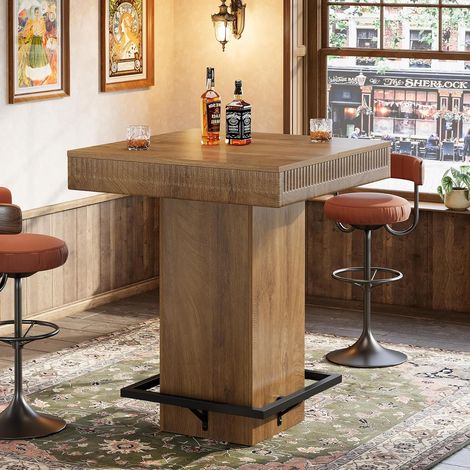 Tribesigns – Table de bar carrée 95 cm – Bois avec repose-pieds métallique – Style industriel pour petits espaces – Coin cuisine, café, bistrot