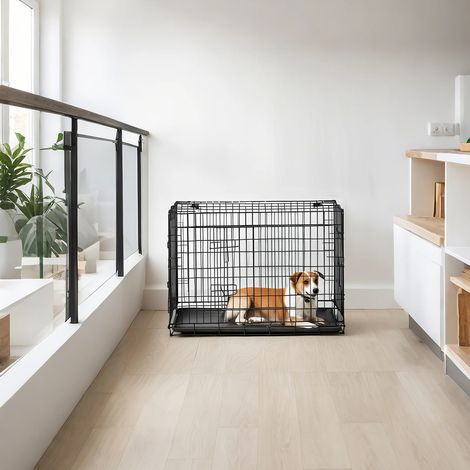 Cage de Transport Pliable pour Chien, avec Plateau en Plastique et 2 Portes, Taille L, Noire (1/5)