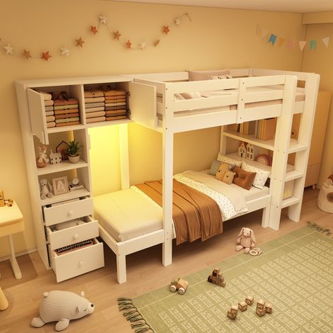 REDOM Lit superposé 90x200 cm éclairage LED nocturne intégré rangement bois et métal blanc (Sans matelas) (1/5)