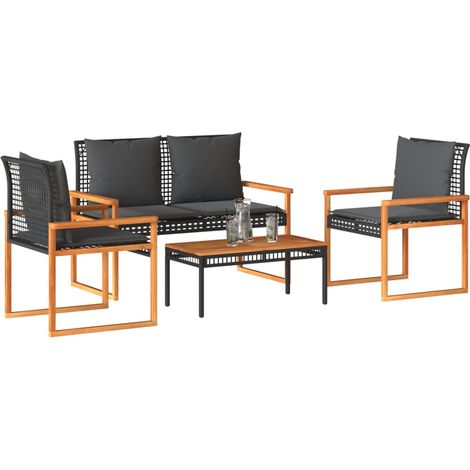 4-tlg. Garten-Lounge-Set mit Kissen Schwarz Poly Rattan