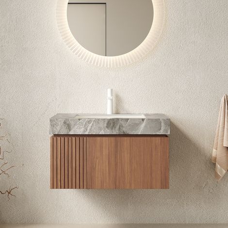 Meuble vasque suspendu de 76 cm, caisson en contreplaqué, plan de travail en pierre frittée gris italien et vasque en céramique, 1 trou de robinetterie pré-percé, pré-assemblé, robinetterie et bonde n (1/5)
