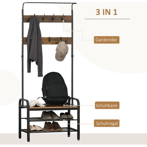 Porte-manteau mural avec 8 crochets et 2 étagères, meuble à chaussures et vêtements, MDF noir, 72 x 34 x 185 cm (1/4)