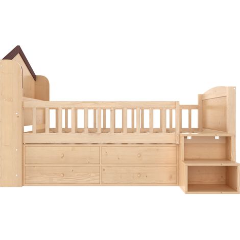 Cama media alta casa 90 x 200 cm con 4 cajones, LED, escalera con almacenaje, natural, MODENUIT (1/5)