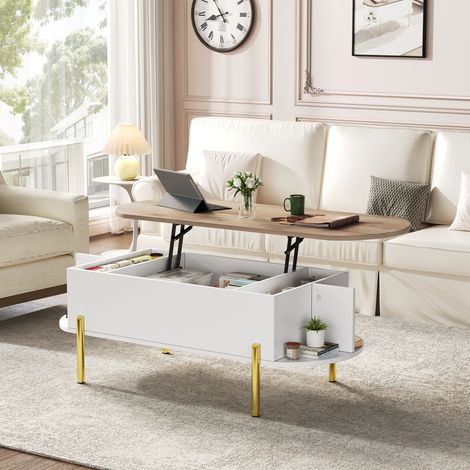 Tavolino saliscendi 120 x 50 x 43 cm con vano nascosto MDF bianco e legno naturale DESVIAE (1/5)