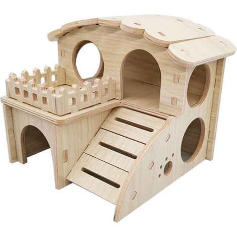 Cachette pour animaux de compagnie, maison pour hamster, cabane en bois de luxe à deux niveaux, jouet à mâcher