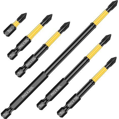 6 pièces embouts de visseuse à percussion jaunes, tête cruciforme PH2, en acier S2 haute résistance, jeu complet pour outils électriques (1/5)