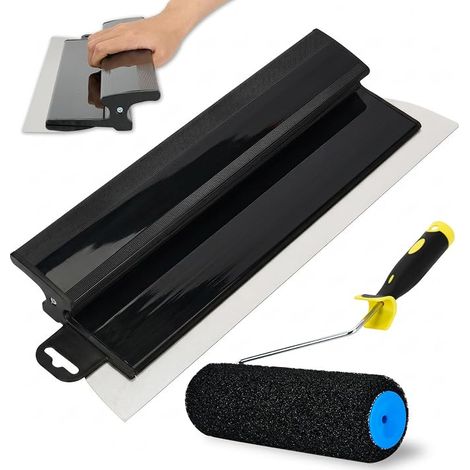 Spatule de surface de 40 cm avec rouleau de 23 cm, rouleau pour mastic avec lame en acier inoxydable + rouleau de revêtement, outil pour grand espace de travail, décoration murale, construction (noir) (1/5)