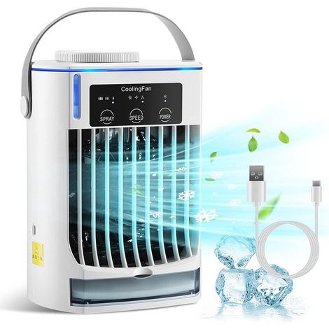 Tragbarer 4-in-1-Luftkühler, USB-Mini-Verdunstungskühler (mit 500 ml Wasserreservoir), ausgestattet mit 3 Geschwindigkeiten und 3 Nebelstufen, leiser Tischluftkühler (mit LED-Nachtlicht), geeignet für (1/5)