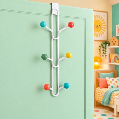 Ouvre&Déco – Porte-manteau 6 têtes en fer laqué blanc – Branches en bois laqué multicolore – Pose invisible sans vis sur porte jusqu'à 40mm