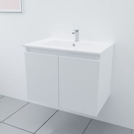 Cuisibane – Meuble double vasque suspendu 70 cm – Plan vasque en céramique – 2 portes battantes avec amortisseurs – Caisson monté blanc (1/5)