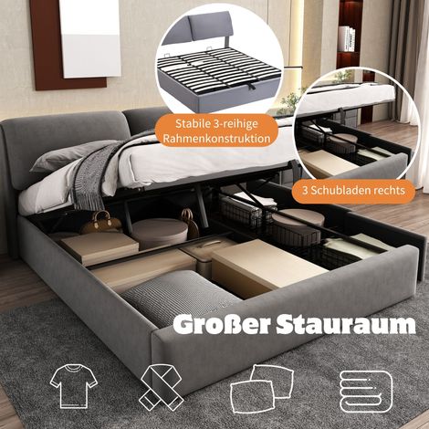 Lit coffre hydraulique 180x200, sommier à lattes avec tête de lit, trois tiroirs de rangement, velours gris, sans matelas, literie moderne. (1/5)