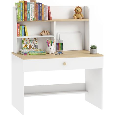 Bureau pour enfant - AIYAPLAY - plateau large, tiroir et étagères ouvertes - pour 3 à 8 ans - bois - 80 x 50 x 100 cm - blanc (1/3)