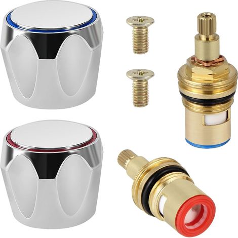 Lot de 2 robinets 1/2" 20 dents Cartouche de robinet chaud froid Cartouche en céramique laiton disque haut pièces de rechange pour salle de bain et cuisine (1/5)