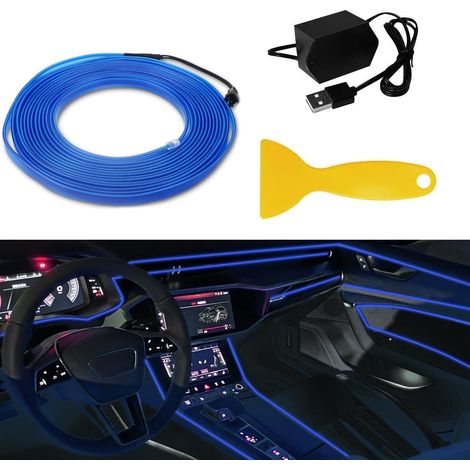 Bandeau lumineux LED EL pour intérieur de voiture 5M, fil froid USB, bord de couture 6mm, bleu (1/5)