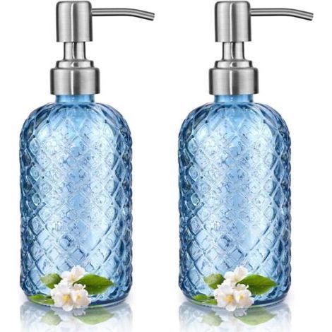Set of 2 Glass Soap Dispensers 350ml Blue 304 Stainless Steel Pump, Refillable for Bathroom and Kitchen (1/4)
