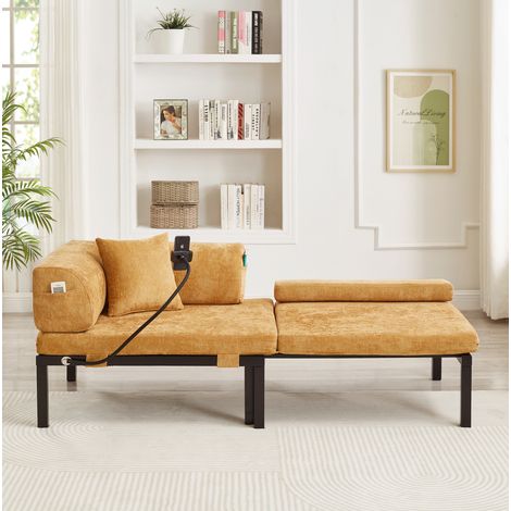 Canapé convertible en velours jaune avec structure en bois massif, lit simple escamotable (1/5)