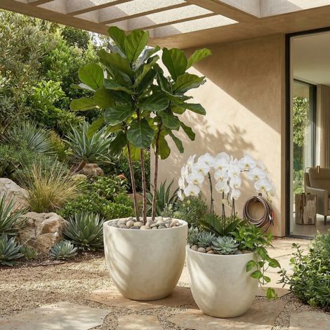 Lot de 2 pots de fleurs ronds 38x32 cm et 45x37 cm avec drainage pour intérieur extérieur magnésium blanc (1/5)