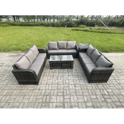 Fimous 11 places Ensemble de canapés en rotin Salon de jardin avec Table basse rectangulaire Table d'appoint 2 Petits tabourets Canapé 3 places Gris foncé mixte (1/5)