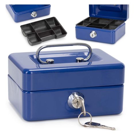 Cassetta per soldi in metallo 12,5x9,5x6,5 cm, cassaforte blu. (1/5)