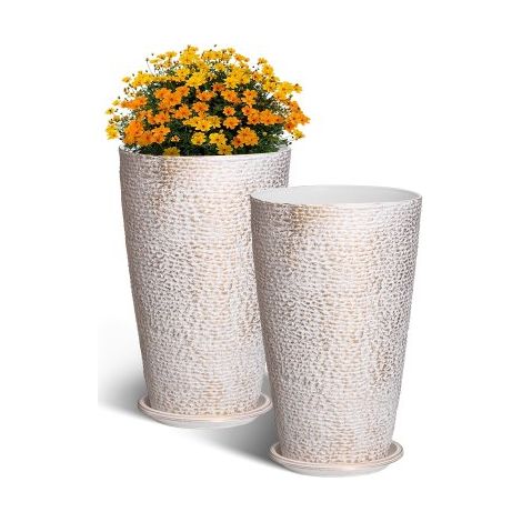 Blumentopf, 2er Set, Großer konischer Pflanztopf 530 mm, Blumenkübel Steinfinish, Übertopf, Elegantes Design, Effizientes Drainagesystem, Für Veranda, Patio, Büros, Außen, Innen, Beige (1/5)