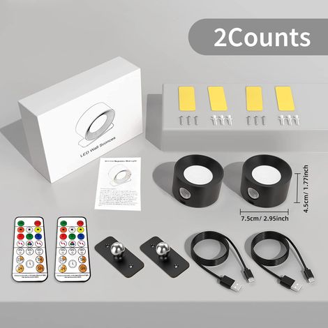 (Deux appliques murales LED noires) 3 niveaux de luminosité, 3 modes de couleur, rotation à 360° (1/5)