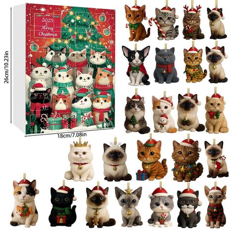 Nouveauté 2025 : Calendrier de l'Avent pour les amoureux des chats, boîte surprise, décoration pour sapin de Noël en acrylique (1/5)
